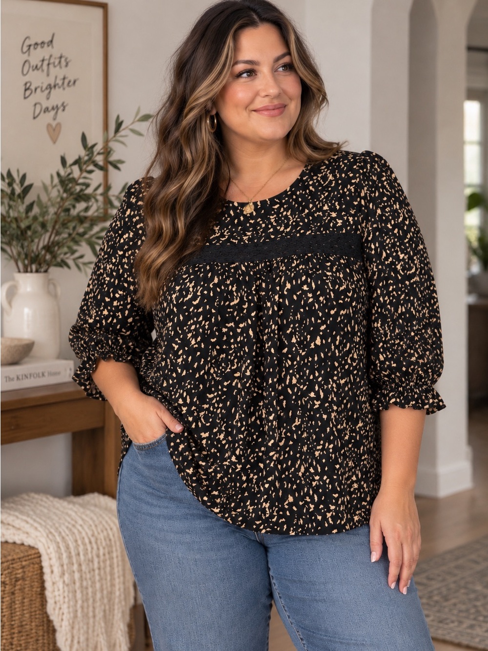 In Every Story Pennington Black Beige Printed Blouse Lace Detail Puff Sleeve Top
